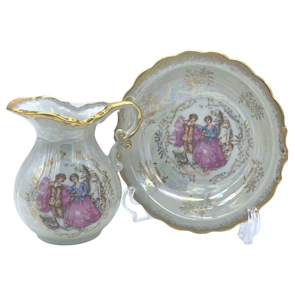 VINTAGE Japan Lusterware Portrait Of Courting Couple Pitcher and Bowl Gold Rim - Picture 1 of 15
